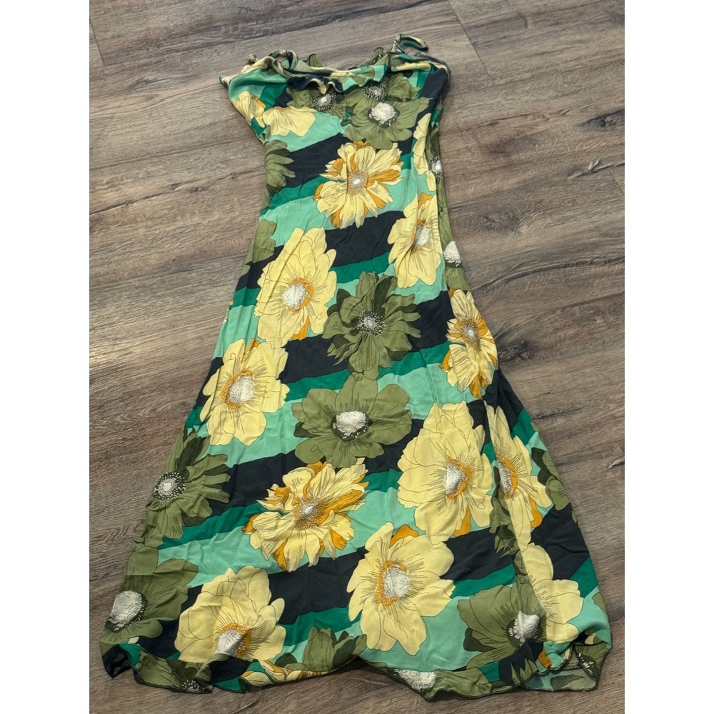 ONeill Floral Maxi Dress Green Yellow Black Ruffle Straps Long dress M